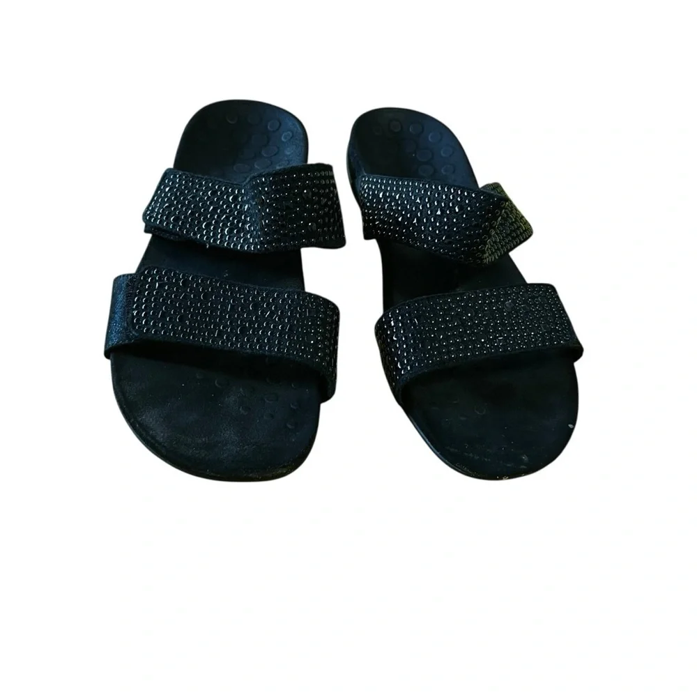 vionic samoa black leather slide adjustable sandals orthaheel comfort 9 - Picture 1 of 4